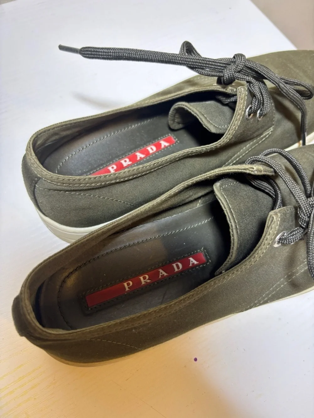 Prada Olive Canvas Low-Top Sneakers with White Sole